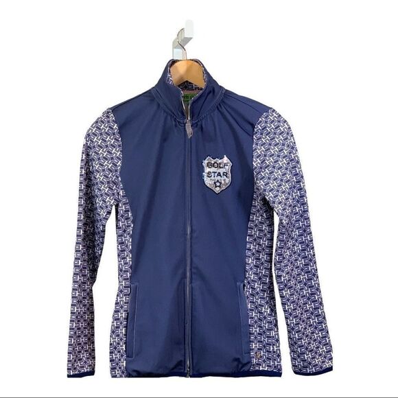 GIRLS GOLF Women’s ‘Golf Star’ Sequin Detail Zip Up Jacket Blue Size Small - Picture 1 of 10